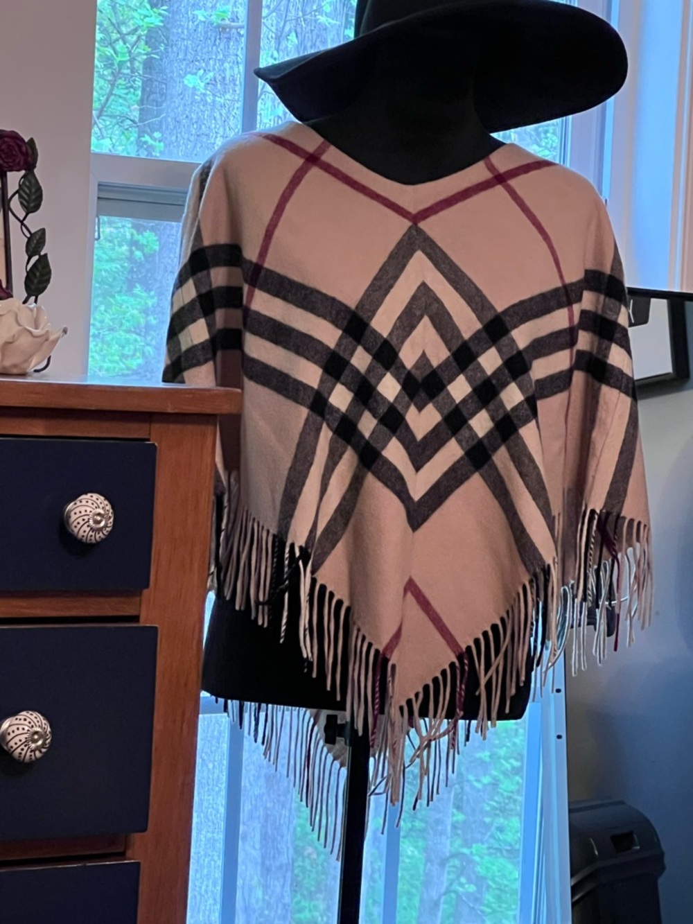 Burberry Beige Plaid Fringe Poncho with Black and Burgundy Accents